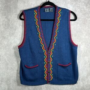 Vintage Lizwear Sweater Vest Womens Medium‎ Blue Knit Art Grandma Teacher Casual